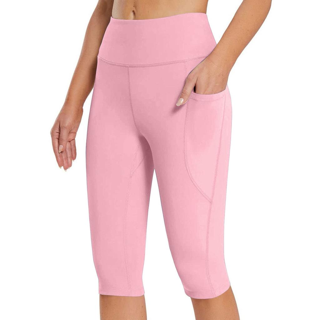 Women Elastic High Waist 3/4 Pant Casual Active Fit Wide Capris Leg Pants Trousers With Pockets