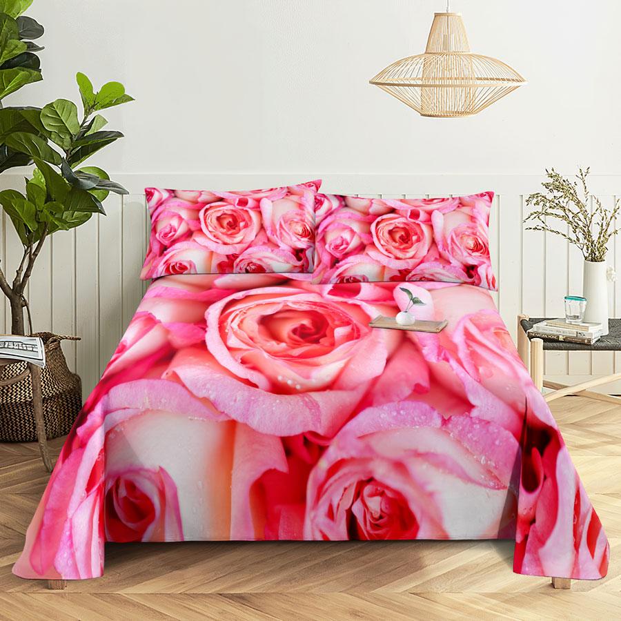 Bedsheets Set With Pillows Case Queen Size Soft Bed Sheets And Pillowcases For Single Double Beds Twin Pink Flower Thin Fabric