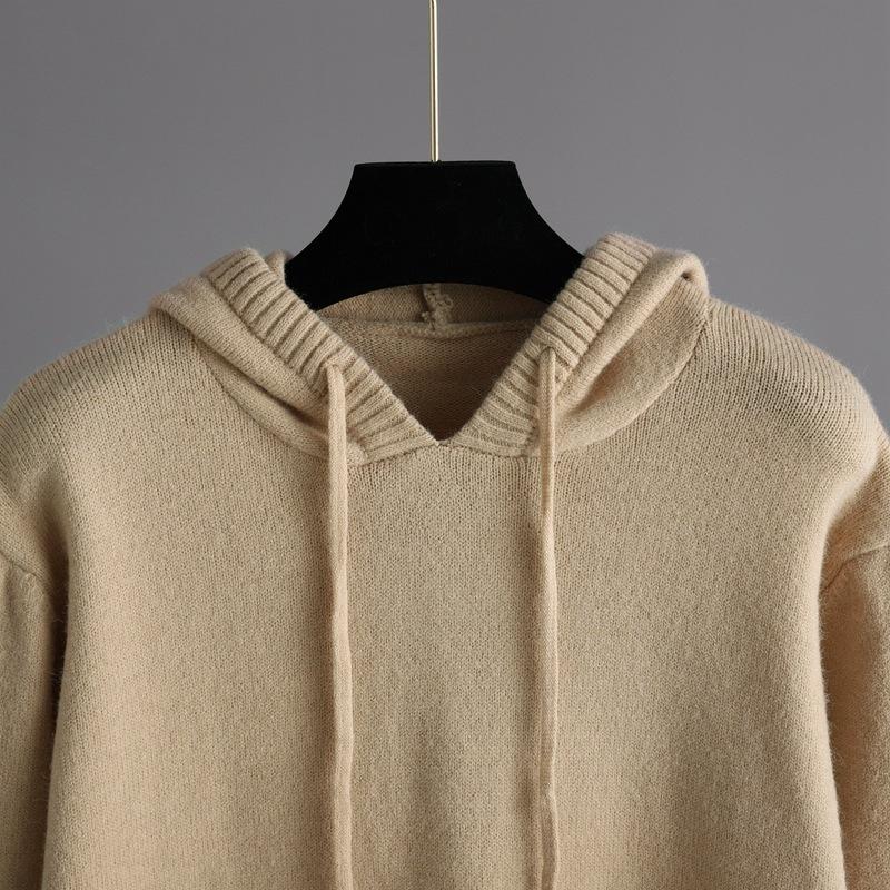 Fall Winter Hooded Sweater Knit Suit Solid Color Long Pants Two Piece Set