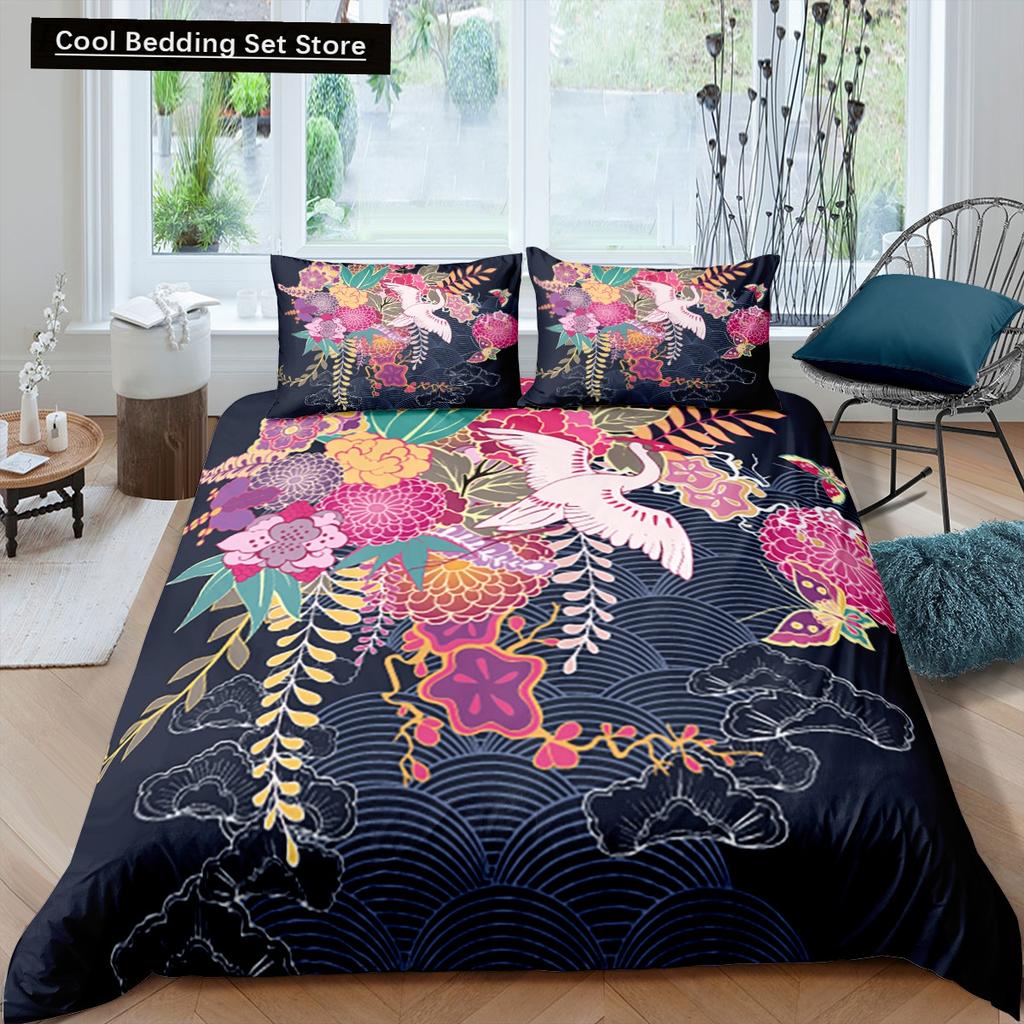 Пододеяльник с японским журавлем King Queen Size Wave Flower Ukiyo-e Style Комплект постельного белья Восточная культура 2/3 шт. Полиэстеровый пододеяльник