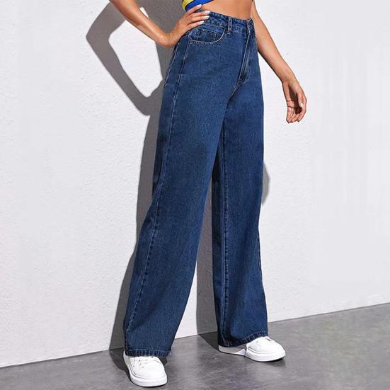 Women Jeans with Pockets High Waist Button Zipper Closure Straight Pants Solid Color Vintage American Style Denim Trousers for Daily Wear Scool