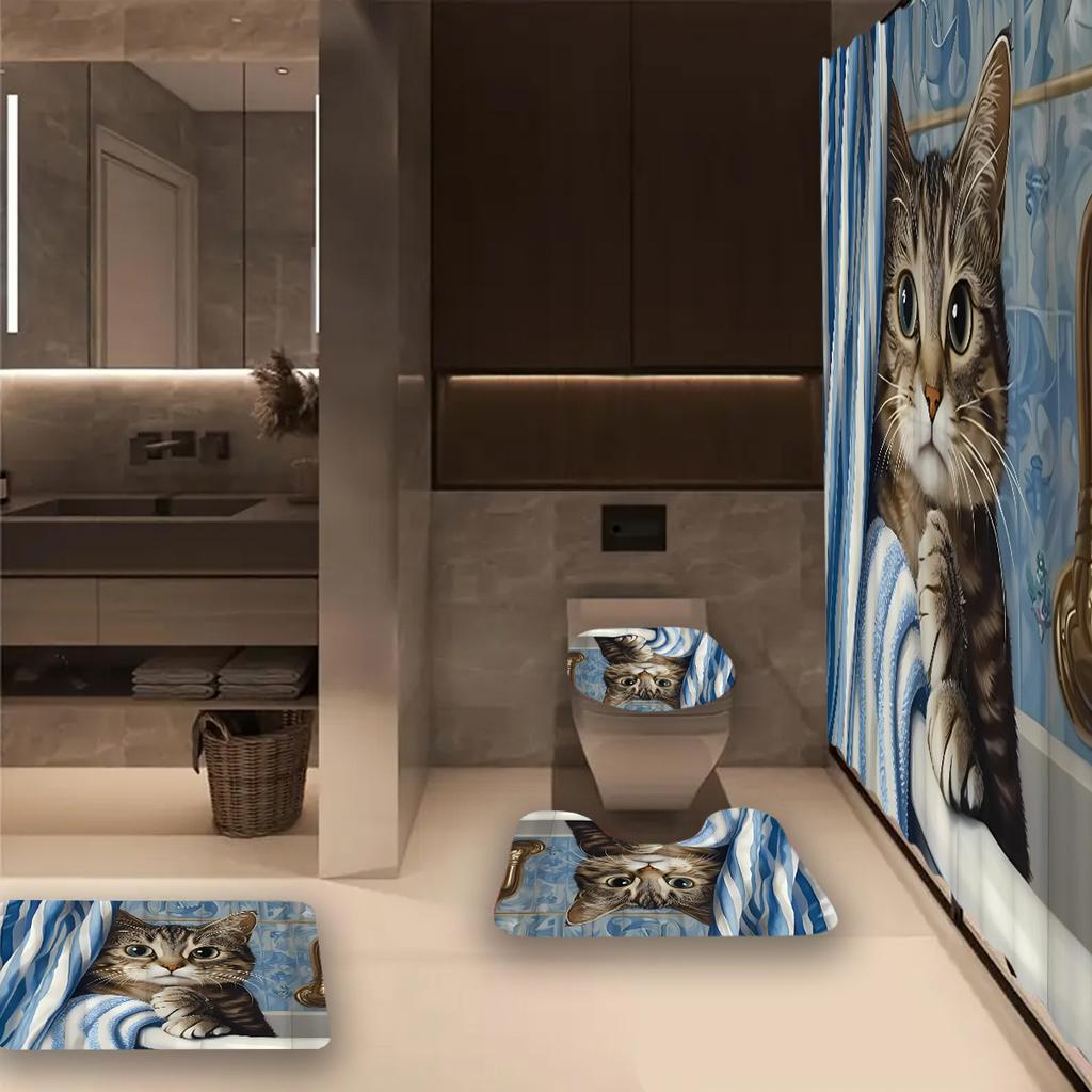 1/4 шт. Роскошный милый узор для кошек, водонепроницаемый комплект занавесок для душа, декоративный набор для ванной комнаты, нескользящий коврик для унитаза, коврик для ванной и 12 крючков