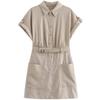 2024 New Arrival Fashion Silm Lapel Curling Short Sleeve Linen Blended Mini Shirt Dress 0387059
