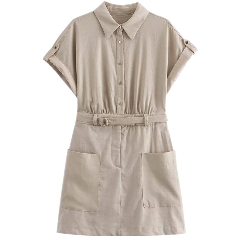 2024 New Arrival Fashion Silm Lapel Curling Short Sleeve Linen Blended Mini Shirt Dress 0387059