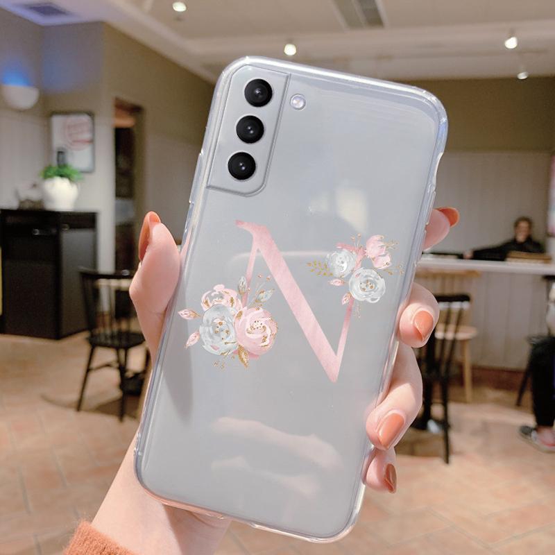 Чехол с буквой для Samsung Galaxy S23 S24 S25 Plus Ultra, прозрачный мягкий силиконовый, с цветами, Чехол для Samsung S23+
