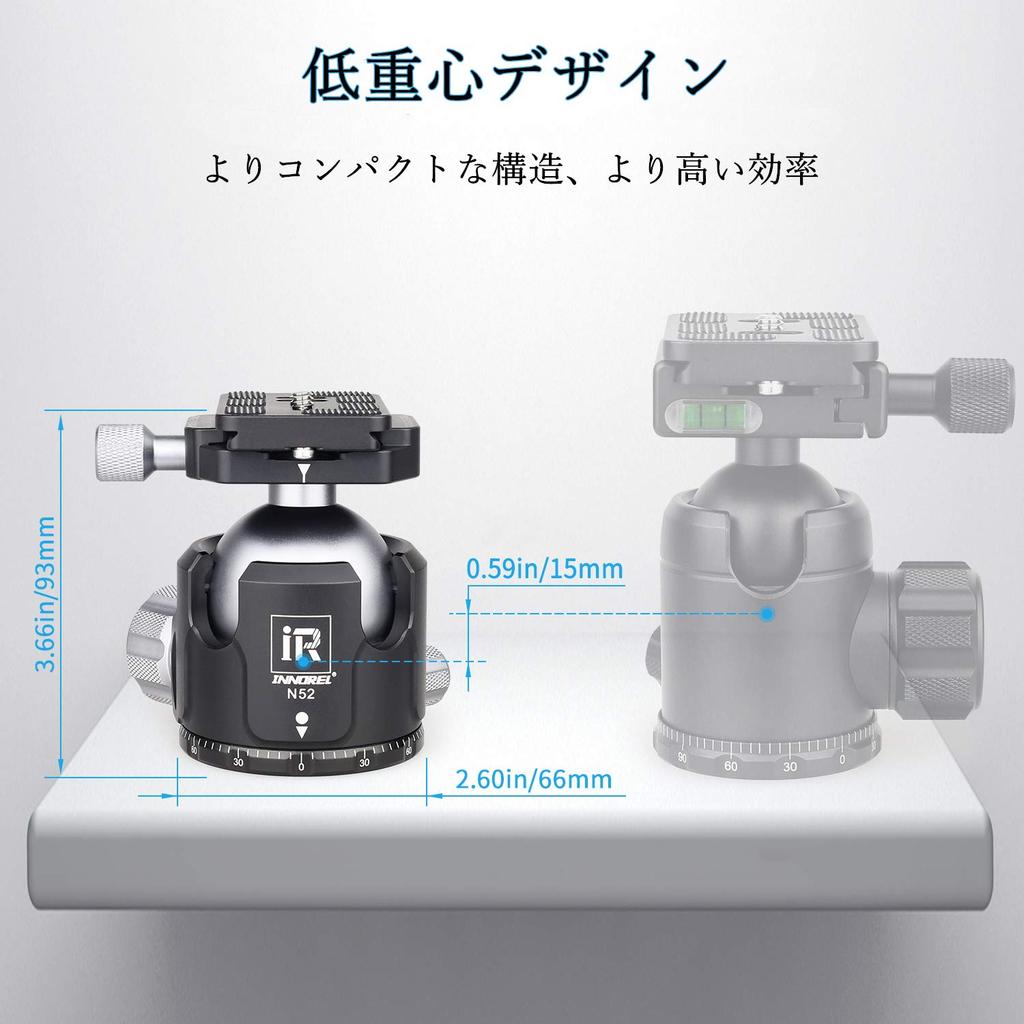INNOREL Free Head Ball Head Fine Movement Head N Series Low Center of Gravity Maximum Load Capacity 30kg Ball Head Diameter 52mm Reinforced CNC