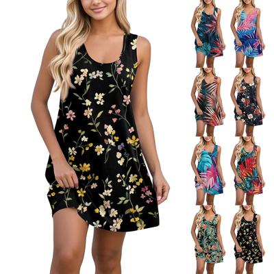Женское повседневное гавайское праздничное платье с принтом и U-образным вырезом без рукавов, пляжное платье