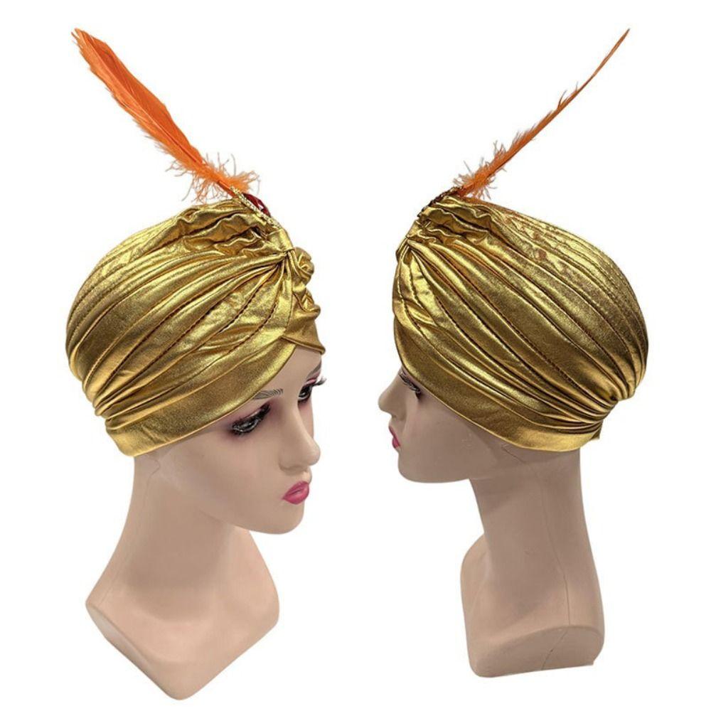 Rhinestones Feather Turban Hat Arabian Hats Indian Pleated Cap Costume Accessory