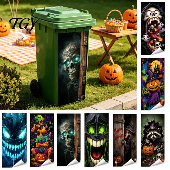 Halloween Yard Horror Accessories Wall Stickers Trash Can Decal Stickers, Spooky Skull Ghost Durable Facade Decals for Outdoor Garbage Cans,