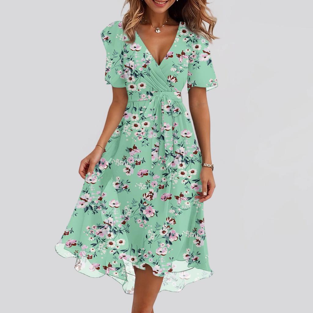 Women's Fashion Casual V Neck Short Sleeve Ruffled Vintage Printed Dresses