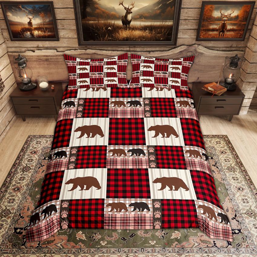 Comforter Homewish Rustic Deer Bear Woodland Animal Checkered Set Farmhouse Lodge Cabin Bedding Set