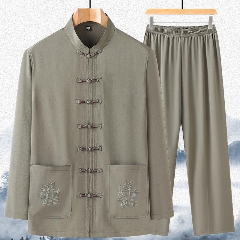 Мужской танский костюм с длинным рукавом: Ханьфу в китайском стиле для весны/лета - Идеально для среднего и пожилого возраста, рубашка для тай-чи для папы и дедушки