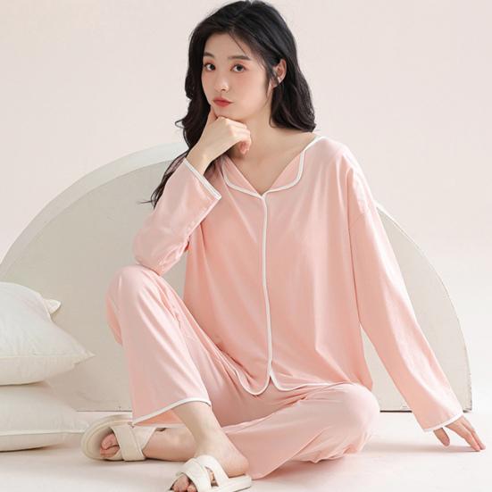 2 Pcs/Set Women Pajamas Suit with Chest Pads Long Sleeves Loose Solid