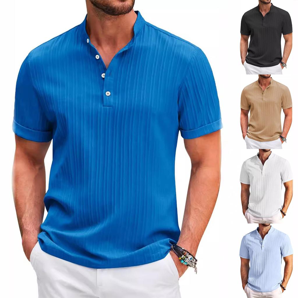 Men'S Summer Casual Collarless Short Sleeved Button Top
