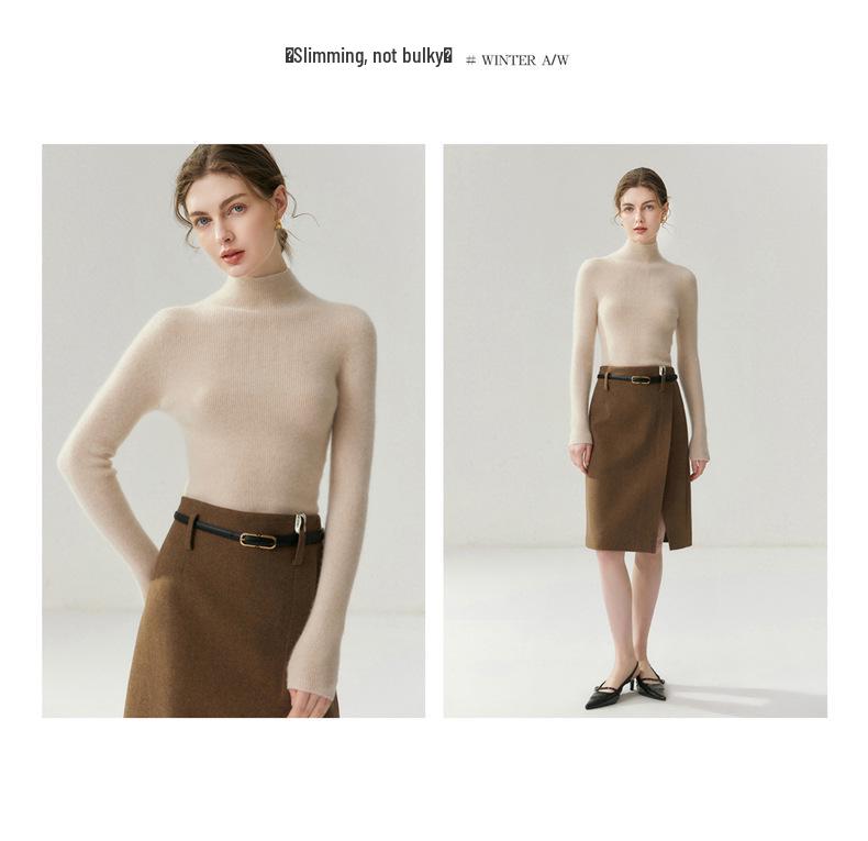 Women's Pure Cashmere Slim-Fit Sweater, Half-High Neck, Knit Base Layer, Autumn/Winter Collection