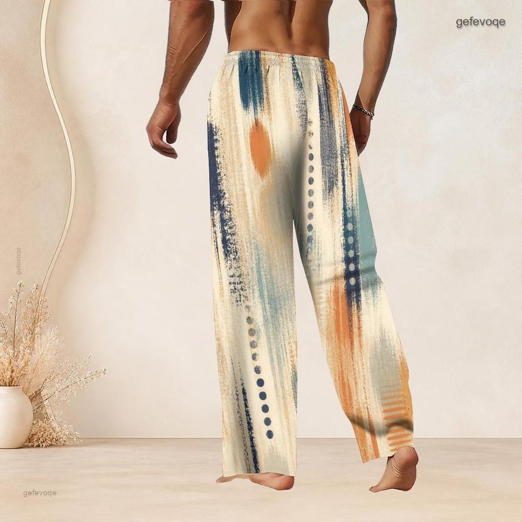 Men s Plus Size Geometric Printed Drawstring Waist Straight Leg Full Length Beach Pants With Side Pockets