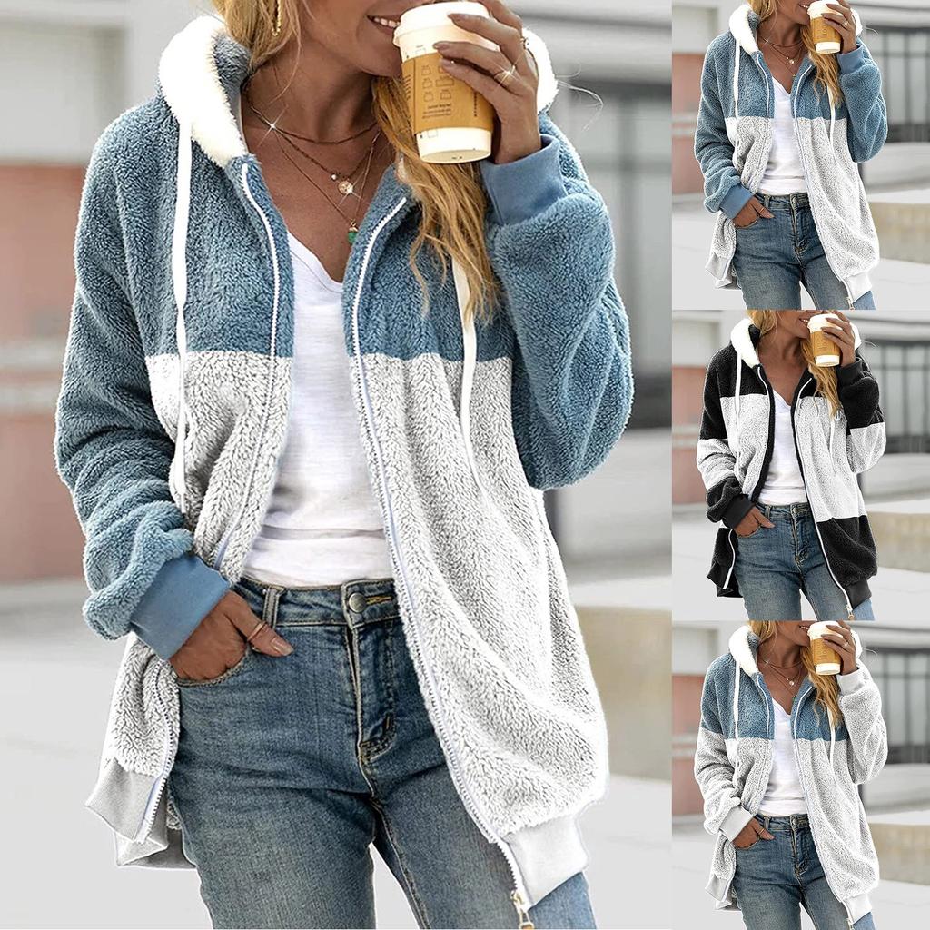 Женская свободная плюшевая куртка большого размера с разноцветными панелями на молнии с капюшоном