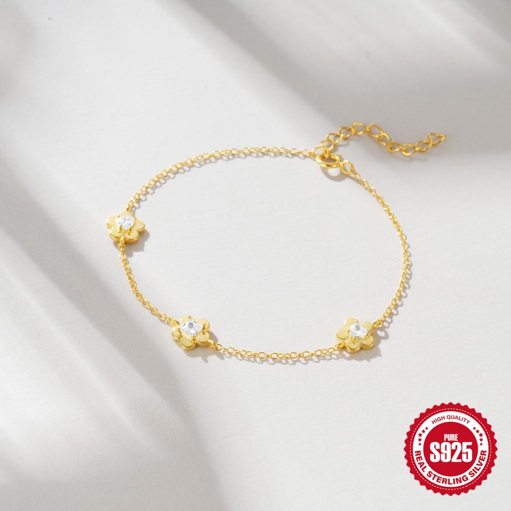 Изысканный браслет с квадратным цветком с пятью лепестками и цирконом любви, женская мода, трендовый, из стерлингового серебра S925, классический женский браслет