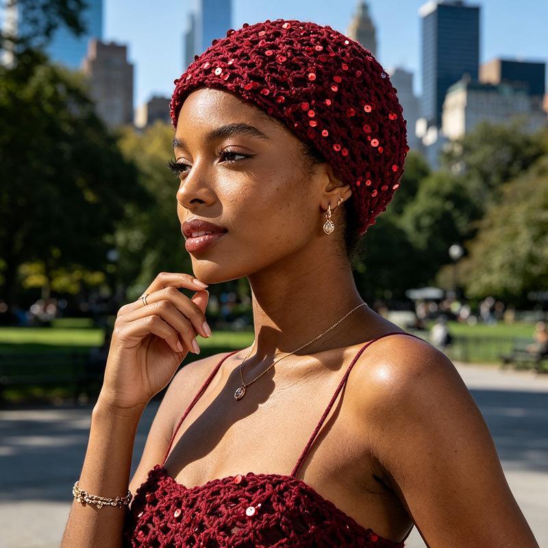 Woven hollow bald hat retro elegant sequined flower pullover hat children high elastic seaside beach hat
