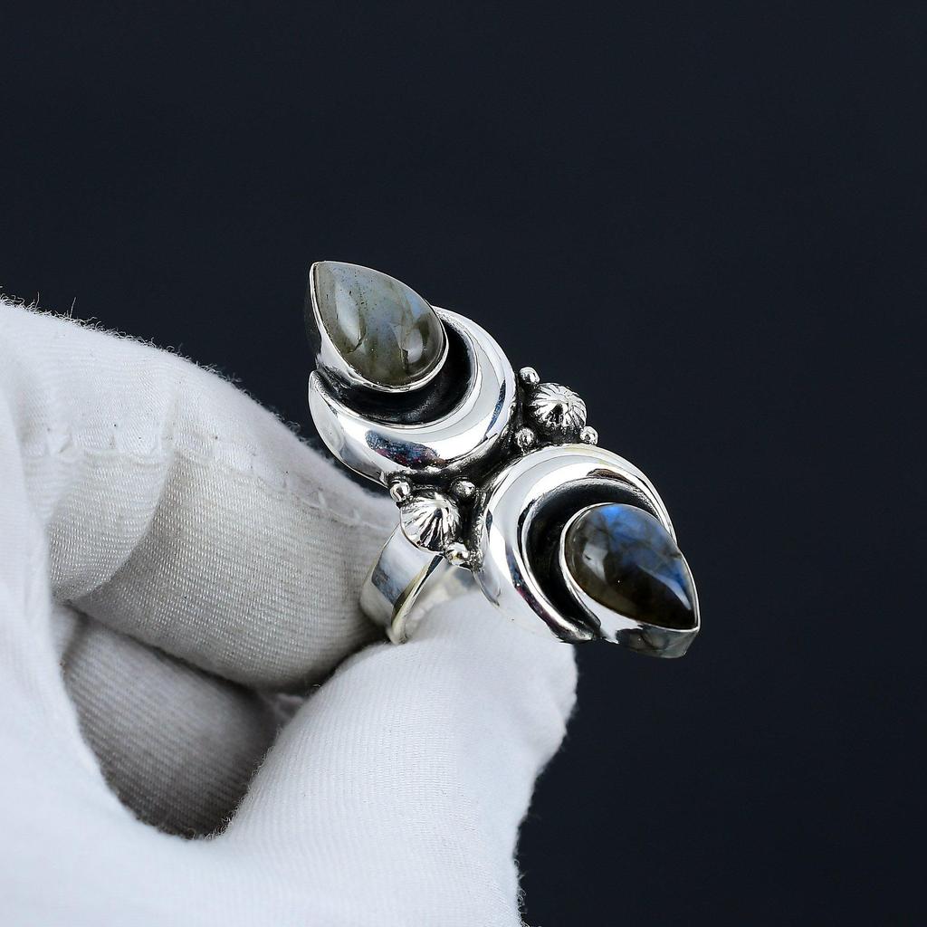 Lanradorite Gemstone Adjustable 925 Sterling Silver Ring - Fits US Sizes 6 To 10 - Handmade Boho Jewelry for Women & Men, Valentine Gifts