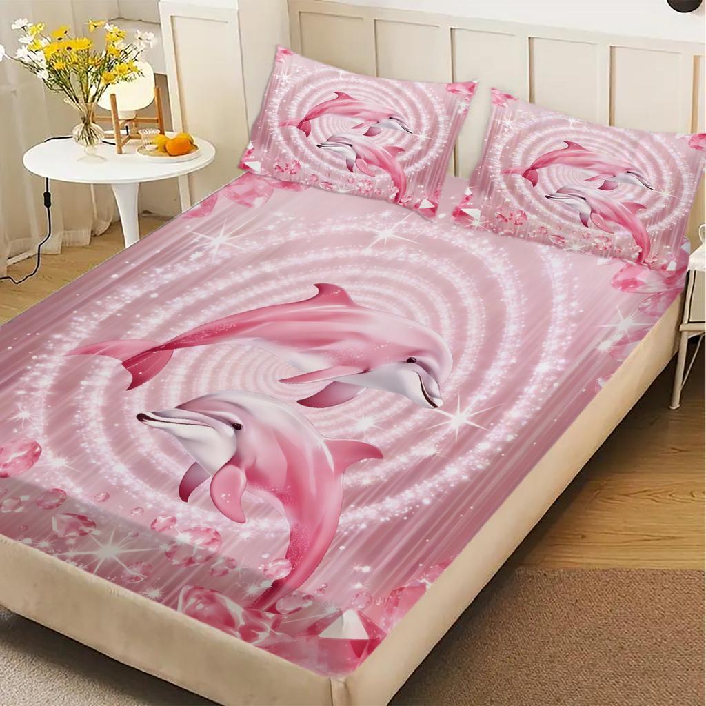 Dolphin Print Fitted Sheet Set Pink Dolphin Pattern Bedding With Pillowcases For Bedroom Decor
