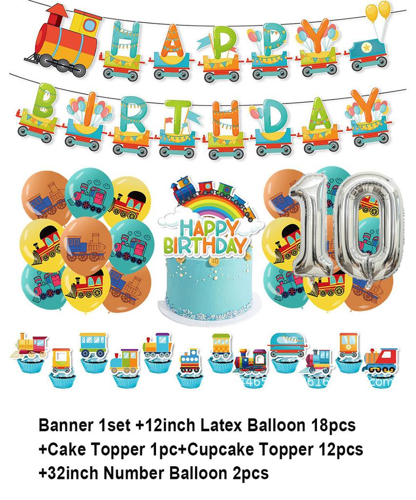 Cartoon Train Theme Birthday Party Decoration Number Balloons Cake Topper Transportation Vehicles Backdrop Banner Party Supplies