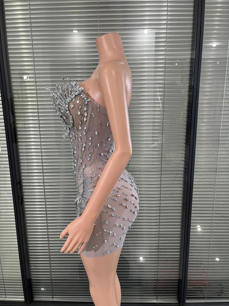Luxury Deep V Neck and Sculptural Rhinestone Silver Crystal Mesh Mini Dress Accents for Photoshoots and Red Carpet