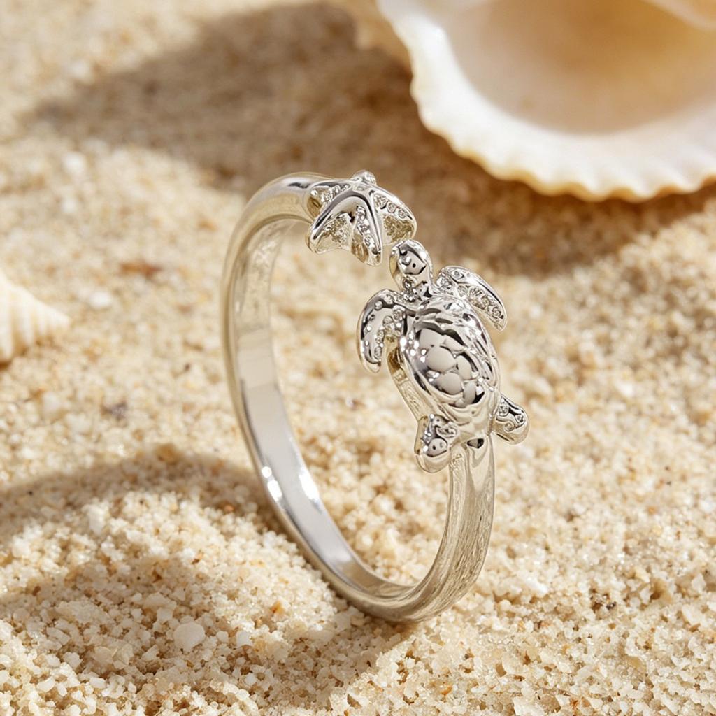 Creative Cute Stainless Steel Ocean Turtle Starfish Opening Rings for Women Fashion Personality Daily Vacation Jewelry Gifts