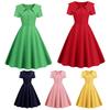 Retro Women Dress Turn-down Collar Shortn Sleeves A-line Big Swing Buttons Slim Fit Solid Color 50s Ball Prom Midi Dress
