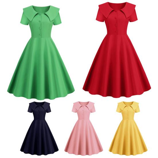 Retro Women Dress Turn-down Collar Shortn Sleeves A-line Big Swing Buttons Slim Fit Solid Color 50s Ball Prom Midi Dress