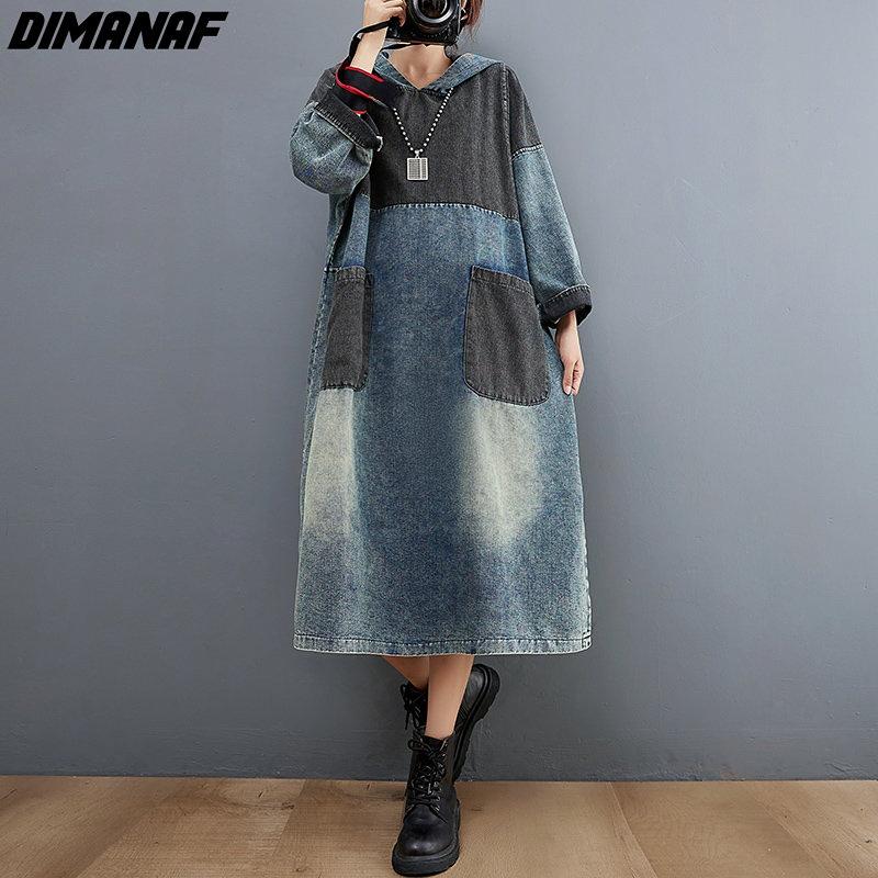 Dimanaf Plus Size Women 2023 Spring Dress Denim Long Sleeve Dress Long Dress Loose Dress Blue Basic Dresses New