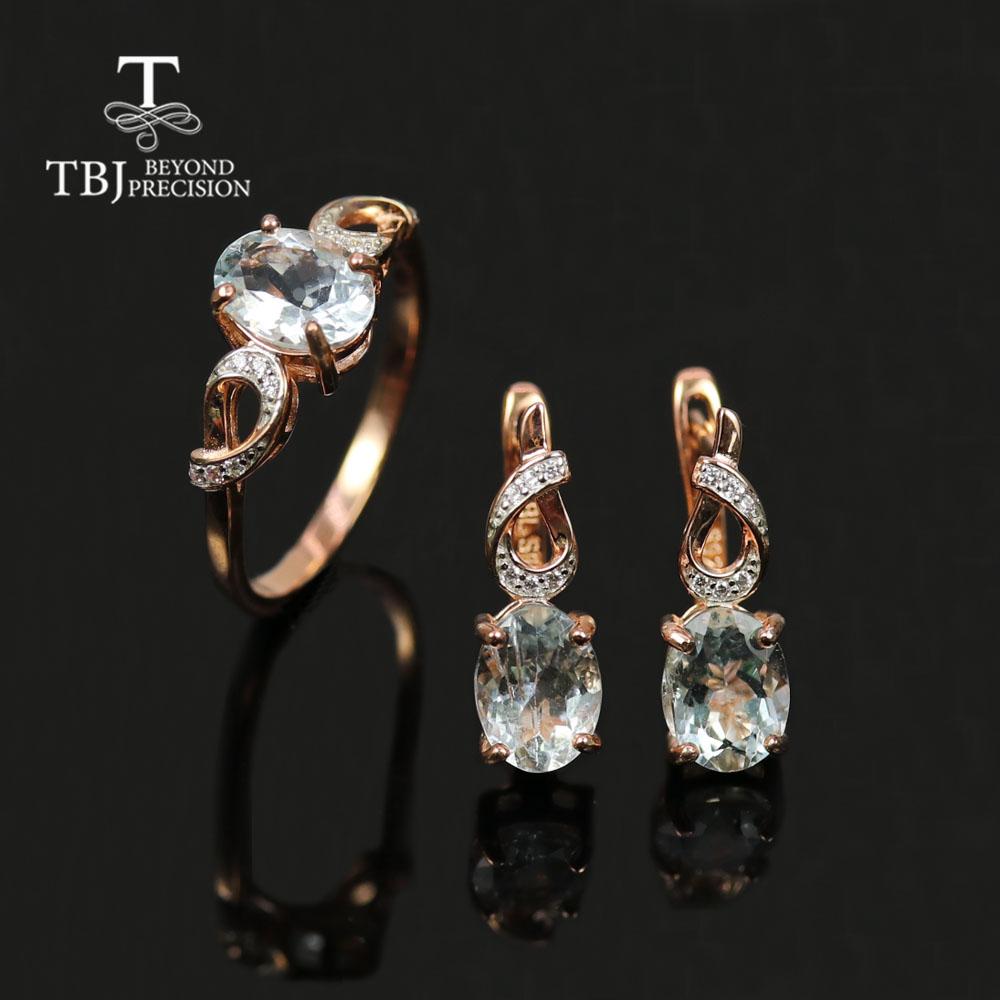 New 100% Natural Aquamarine Oval 6*8mm Gemstone Ring Earring Pendant Jewelry Set 925 Sterling Silver Fine Women's Jewelry