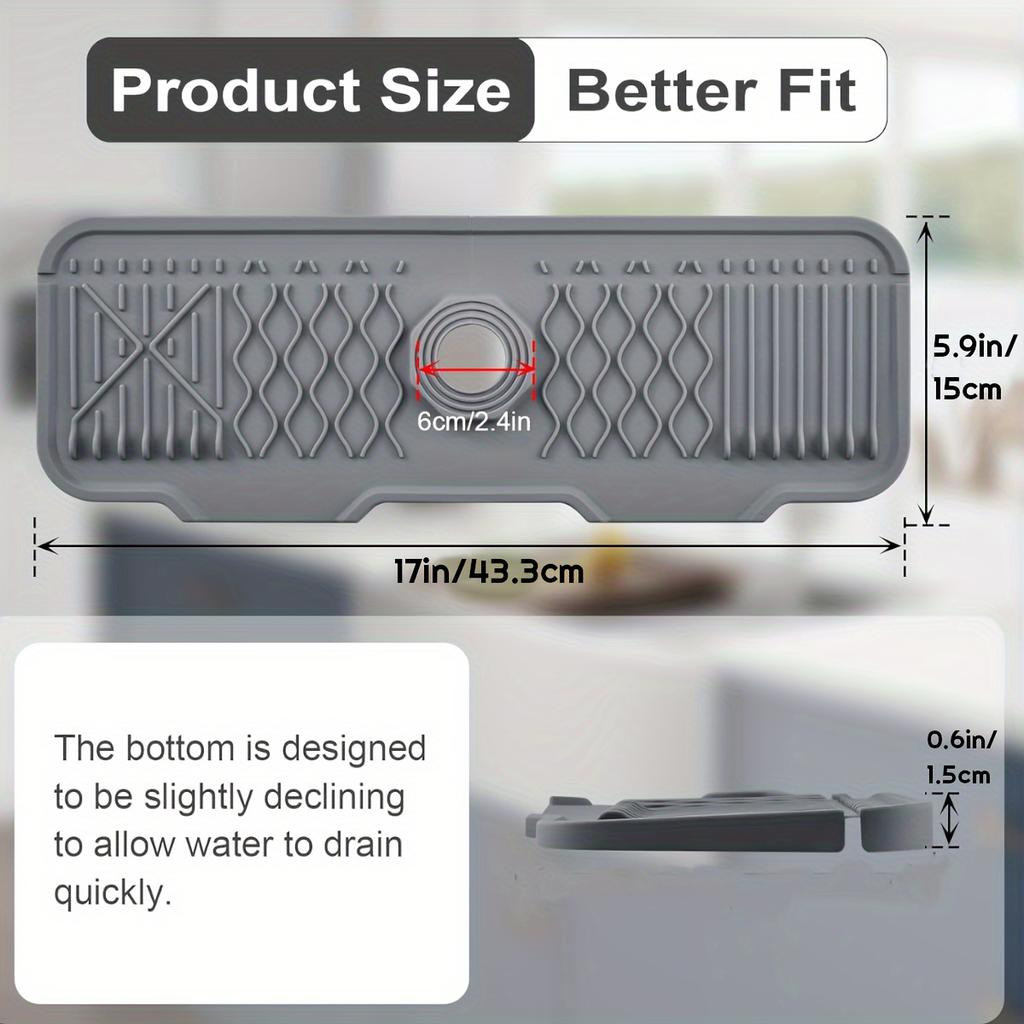 1 Piece Black Silicone Sink Splash Guard and Faucet Mat with Integrated Soap Dispenser and Sponge Holder - Space Saving, Textured Surface