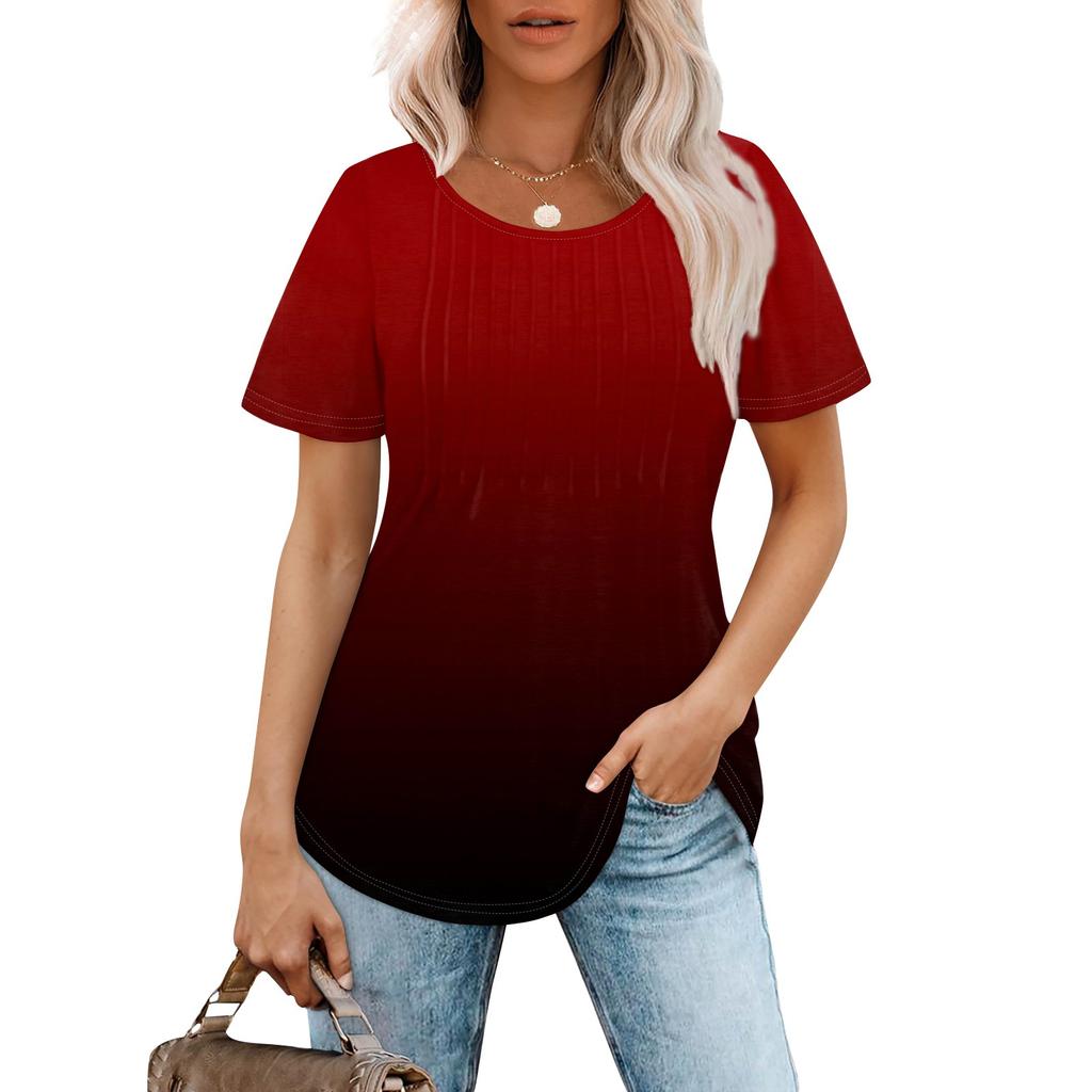 Women's Fashionable Casual Pleated Round Neck Gradient Printed Short Sleeved T-shirt Top
