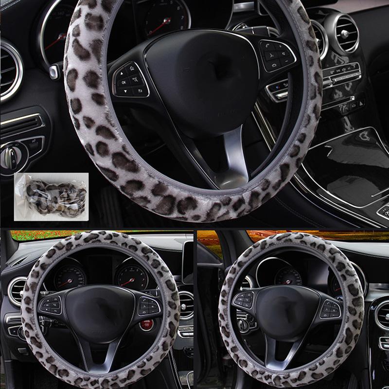 1Pc Auto Fluffy Winter Universal Leopard Print Gray Interior Accessories Car Steering Wheel Cover