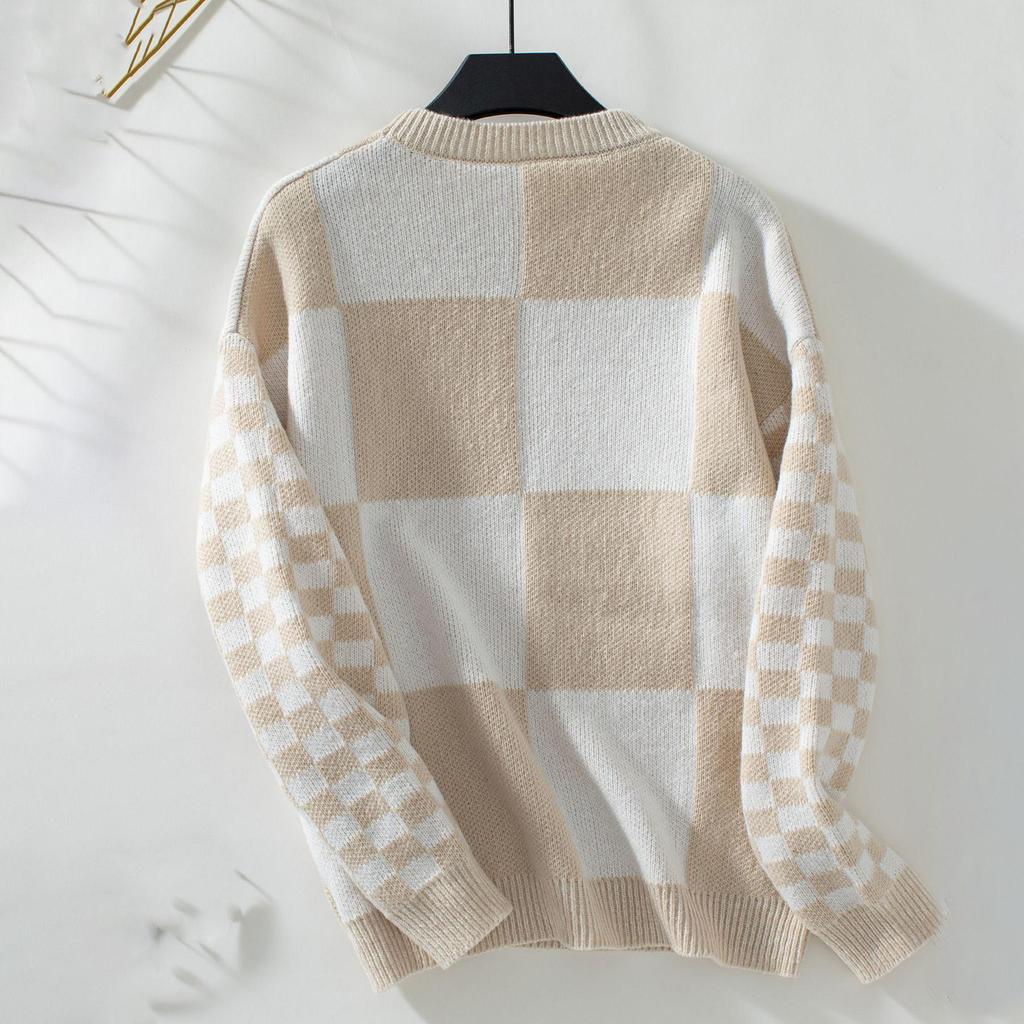 Autumn Winter Vintage Loose Long Sleeve Top Grid Pattern Cardigan Knitwear O-Neck Sweater
