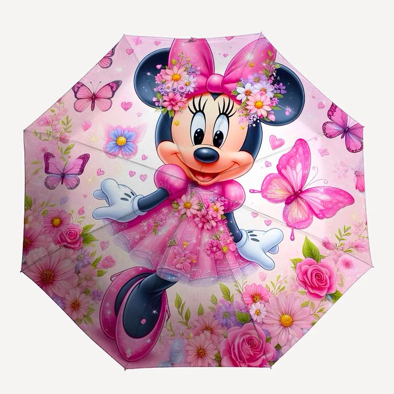 Minnie Mouse Pink Floral Themed Automatic Opening and Closing Umbrella, Brightly Colored 8-rib Portable Umbrella, Suitable for Men and Women