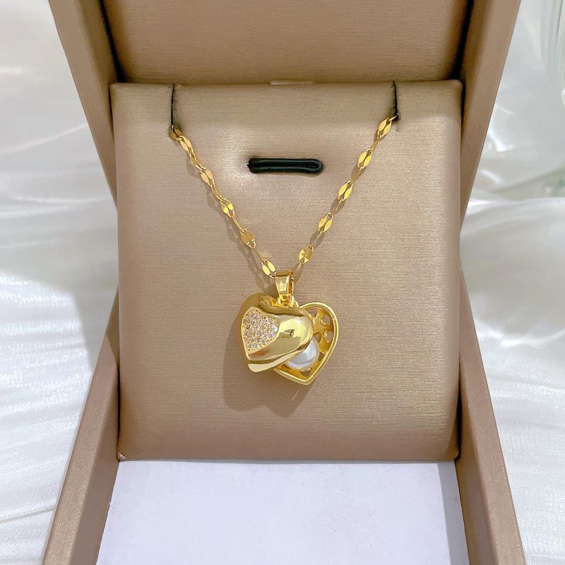 DIEYURO 316L Stainless Steel Detachable Heart Shaped Wrapped Pearl Pendant Necklace Girl New Trend Clavicle Chain Jewelry Gift