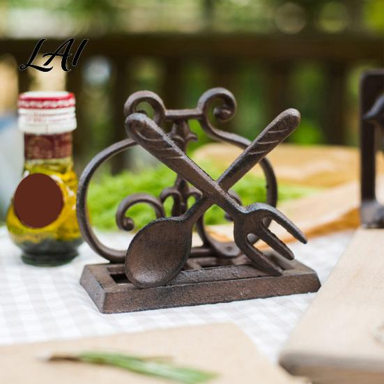 Fork And Spoon Shape Napkin Stand Cast Iron Holder Vintage Style Case with Stable Base Base Organizer Matte Bronze Finish Stand for Kitchen Dining
