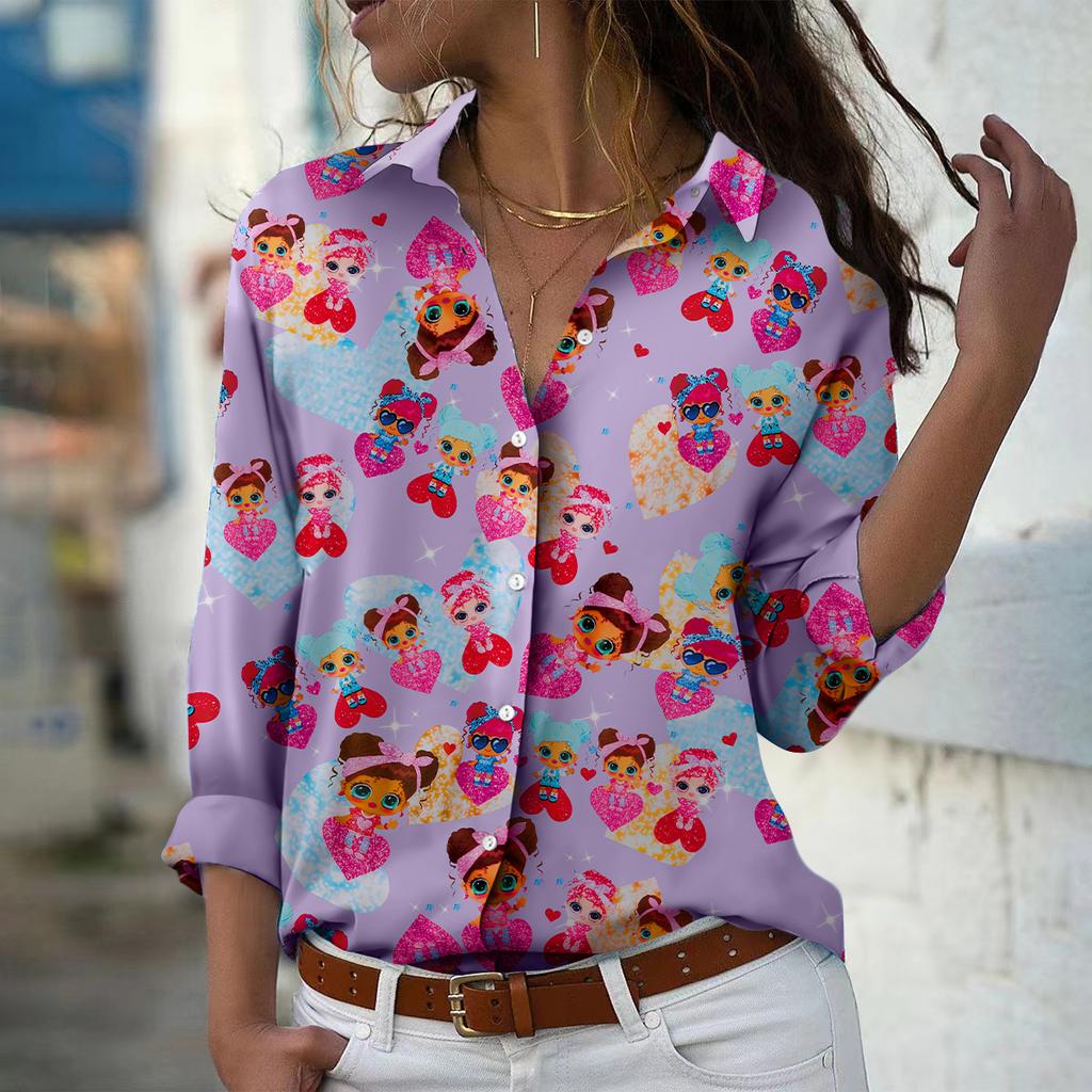 Black Girl Print Women Blouse Spring Autumn Femme Office Lady Button Up Turn Down Collar Shirts