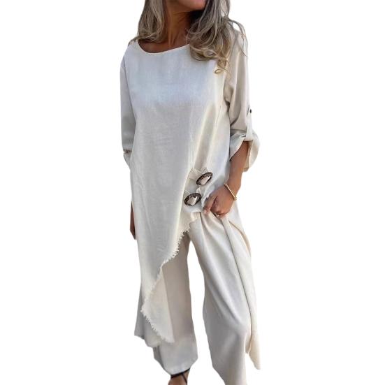 Женский асимметричный комплект из двух предметов с высоким и низким подолом, топ с круглым вырезом и разрезом, широкие брюки, костюм для отдыха, весна-осень, повседневный свободный наряд для повседневной носки, путешествий, пляжа