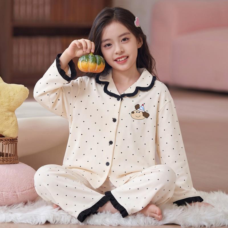Cotton Girls Pajama Set Long Sleeve Cartoon Print Sleepwear Kids Teens Home Wear