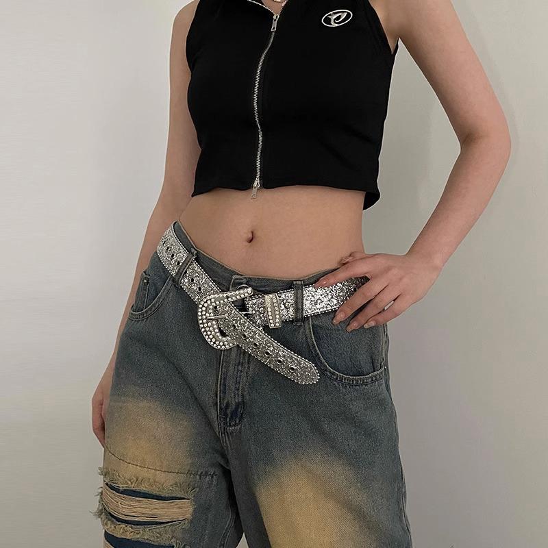 Y2K Women Fashion Solid Print Studded Full Rhinestone Belt Pu Leather Bling Crystal Adjustable Glitter Waistband For Club Party