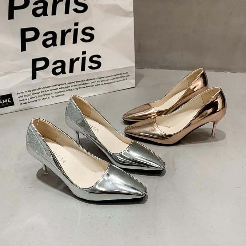 2024 High Heel Thin Heels Pumps Office & Career Slip-on Shoes Female 2024 Hot Sale Spring/autumn Metal Decoration Solid Pumps