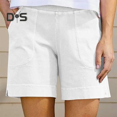 Женские хлопковые льняные шорты с эластичной талией, мешковатые короткие брюки с карманами, повседневные летние шорты длиной до колена
