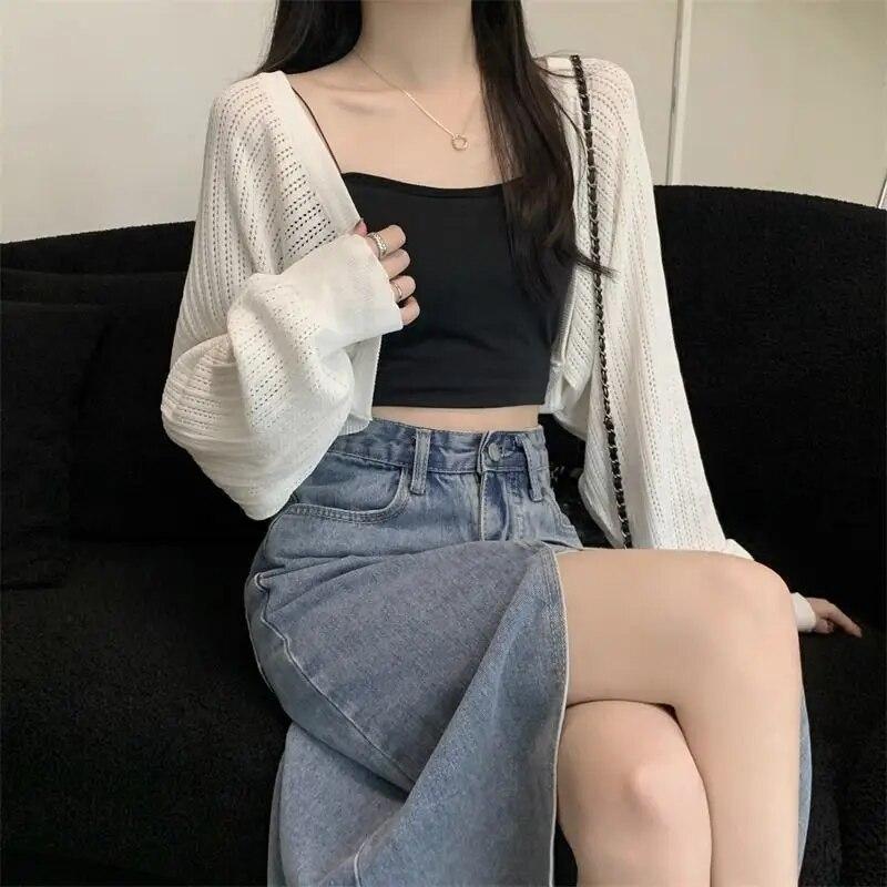 White Hollowed Out Knitted Cardigan Sweet Versatile Women Short Top Loose Shawl Thin Coat New Fashion Commuting Spring Autumn