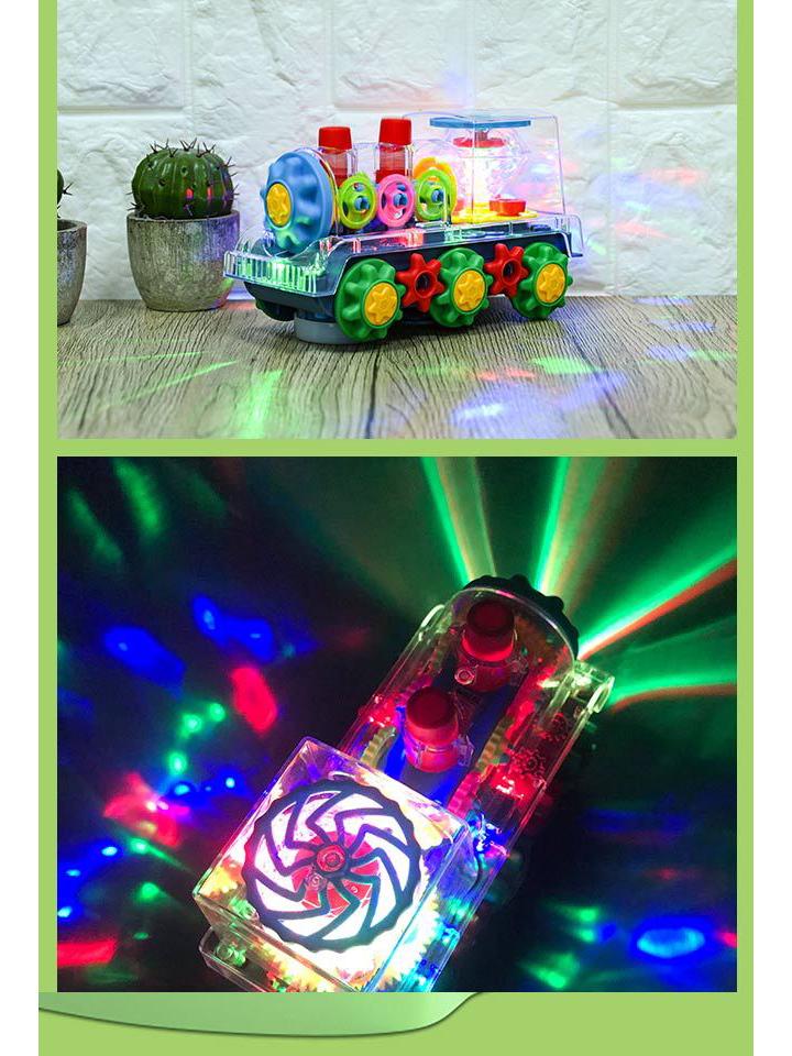 Transparent Musical Rotating Locomotive Toy with Universal Driving and Gear Linkage