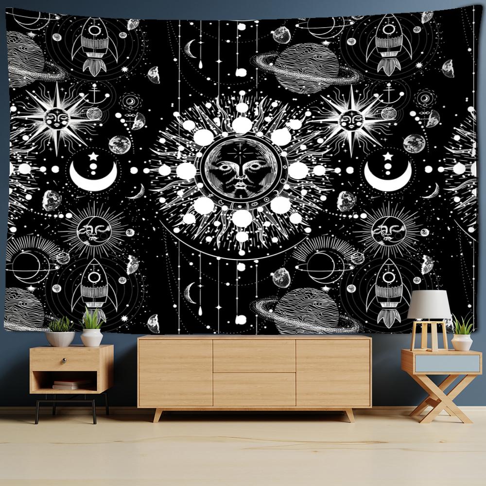 Гобелен Солнца Таро, настенный Гобелен Мандала, черно-белый колдовство, научная фантастика, богемный TAPIZ, домашний декор для комнаты