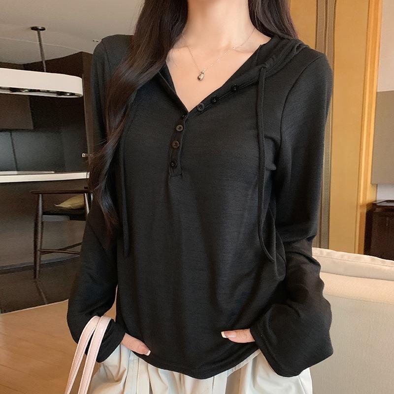 Women S Casual Lazy Style Hooded T Shirt Button Henley Neck Long Sleeve
