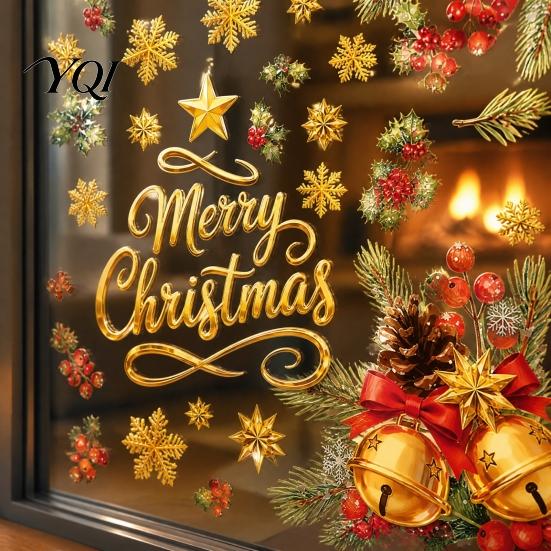 Kitchen Window Decorations 4PCS Christmas Static Stickers with Gold Bell Print, Reusable Waterproof PVC Classroom Decorative Accents Decals,